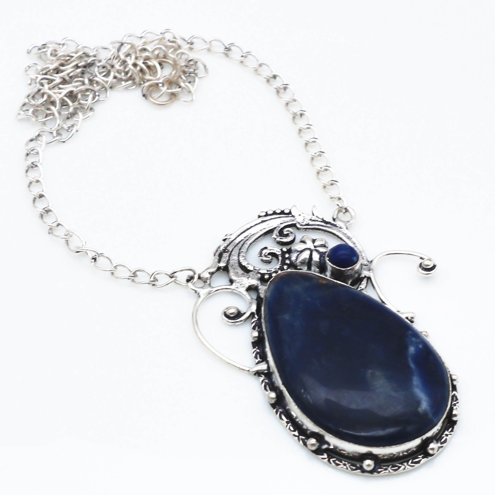 Natural Sodalite Gemstone Handmade 925 Sterling Silver Jewelry Necklace Size 18″