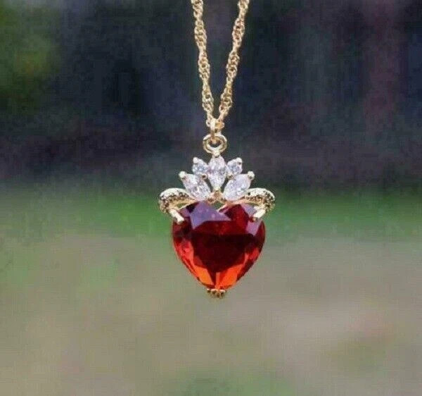 14k Yellow Gold Finish Heart Cut 2.00Ct Red Ruby Solitaire Pendant 18″Free Chain