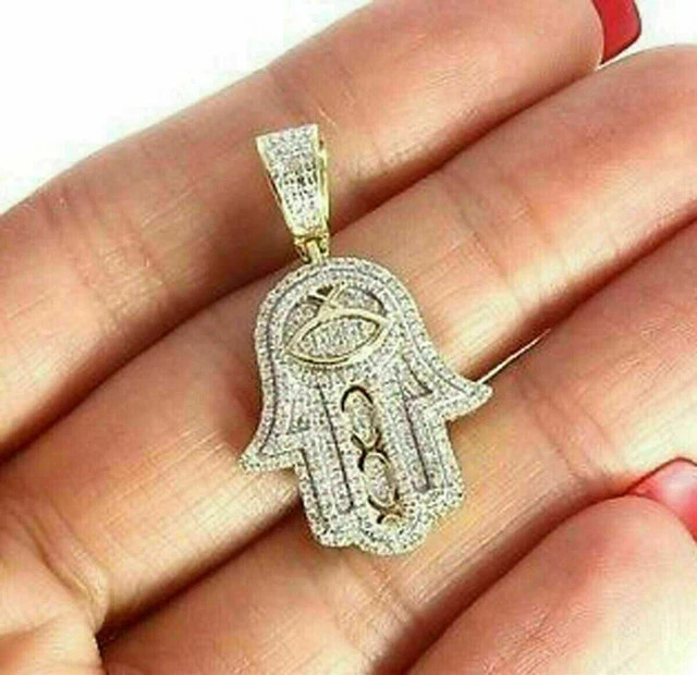 14K Yellow Plated Round Cut Moissanite Micro Pave Hamsa Hand Charm Pendant 2 Ct
