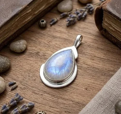 925 Sterling Silver Moonstone Teardrop Necklace Pendant June Birthstone