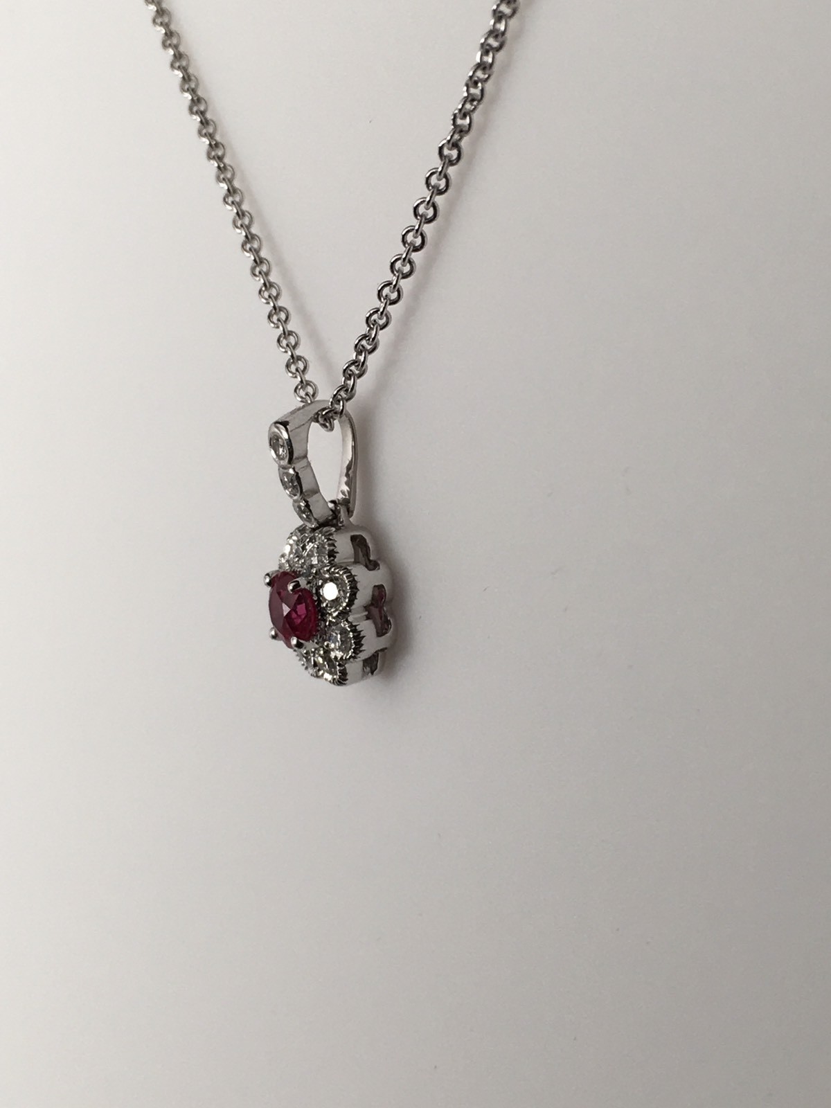 18K White Gold Cherry Red Ruby and 0.20ct Diamond Pendant with Chain Brand New
