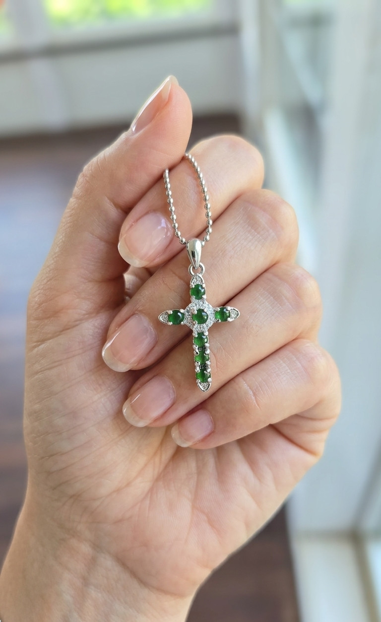 Natural Tiny Green Jadeite Cross pendant necklace in 925 Sterling Silver setting