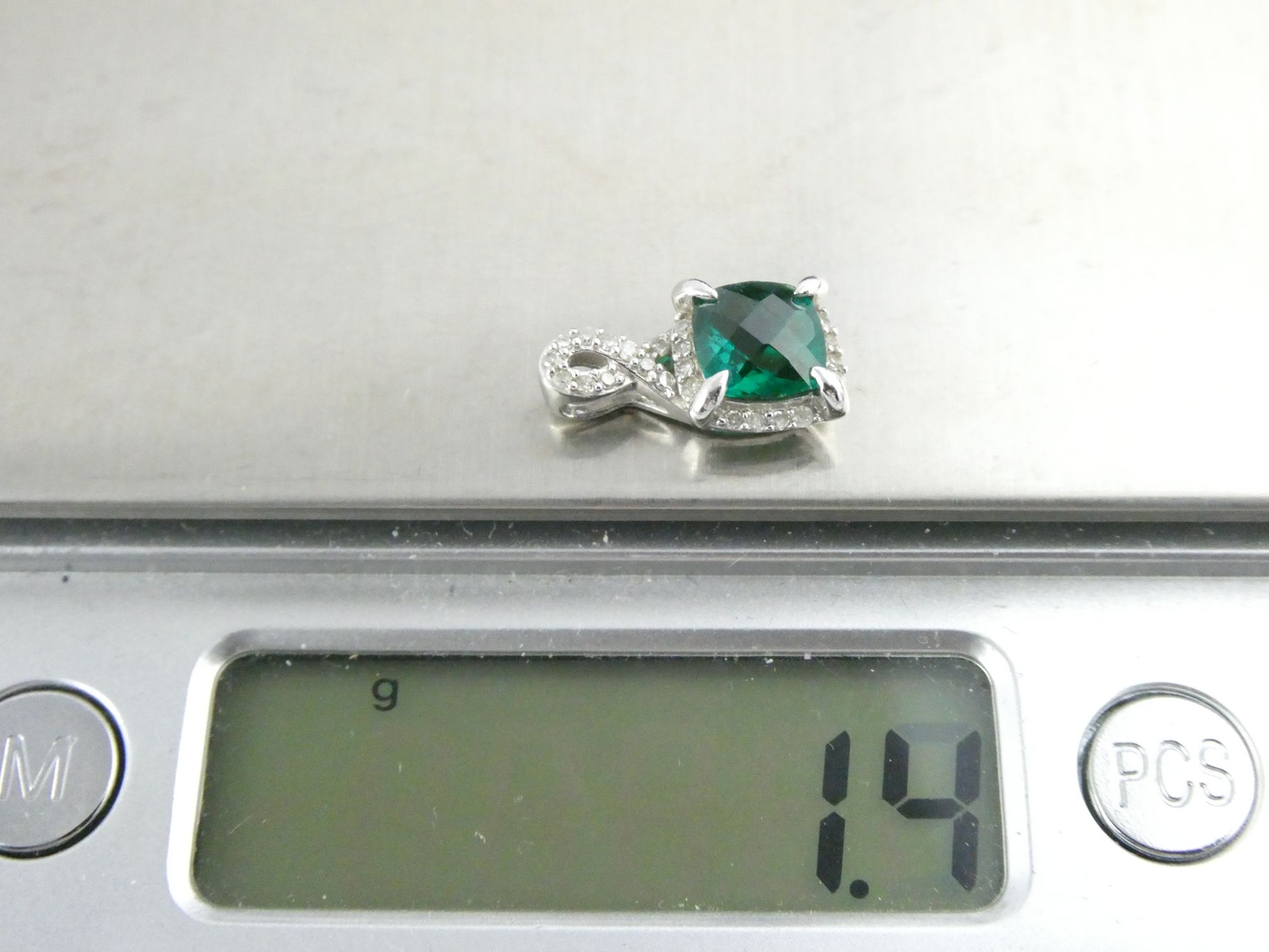 SR Designer Sterling Silver Lab Created Emerald and Diamond Pendant 1.4g 5/8 In