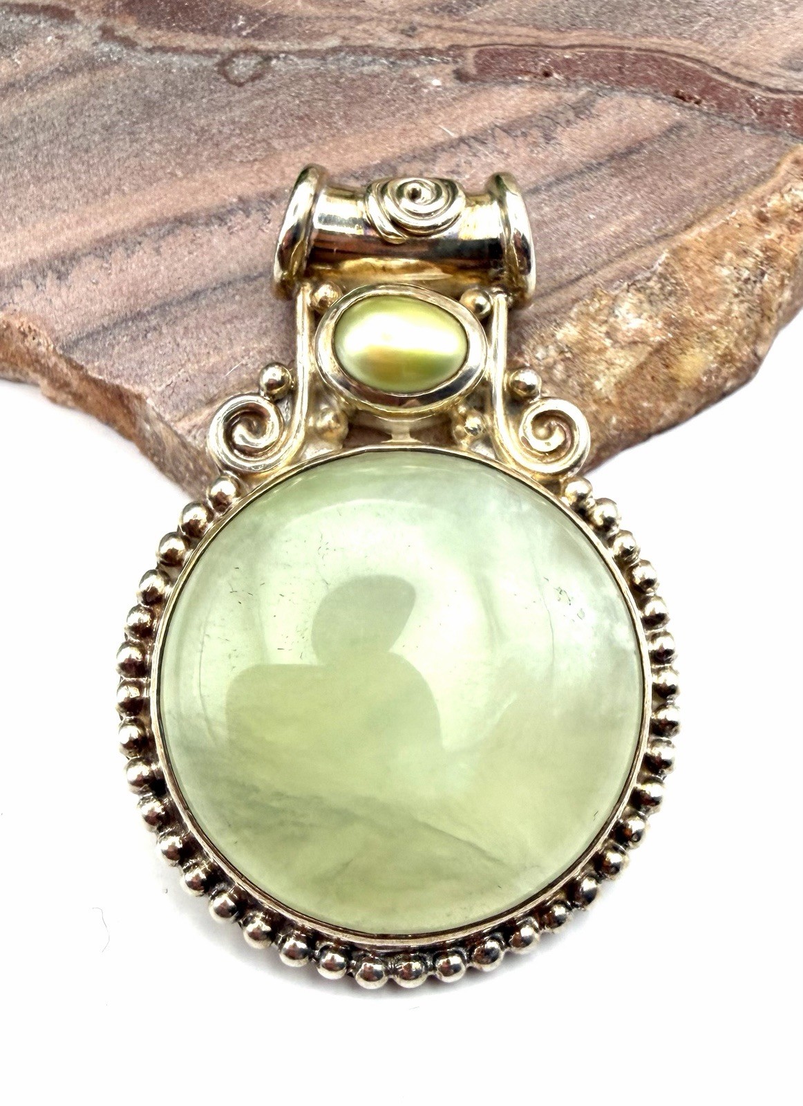 Vintage Signed SAJEN Prehnite MOTHER OF PEARL Sterling Pendant 2” For Necklace!