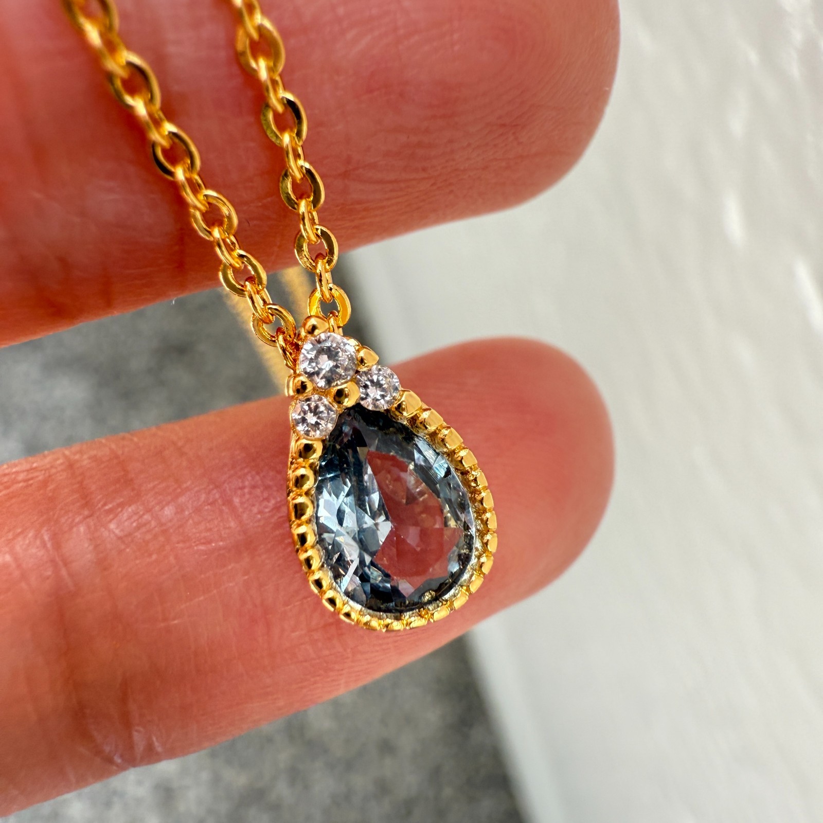 925 Sterling Silver Necklace 8x6mm Natural Aquamarine Zircon 14K Gold Plated NEW