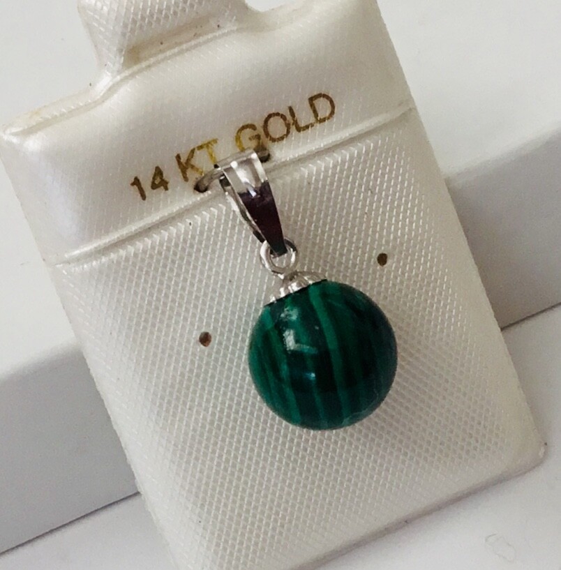 Solid 14K White / Yellow Gold Natural Green Malachite Ball Solitaire Pendant NEW