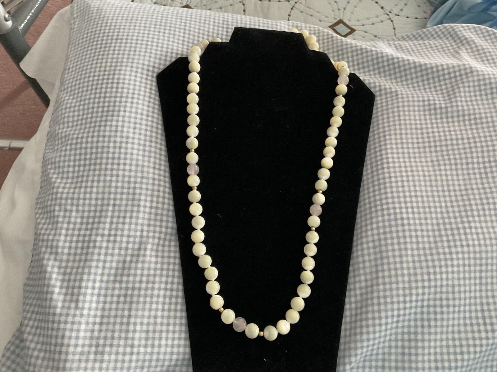 Genuine White,Pink Quartz 8mm Bead 32 in.Necklace With 14 Kt Gold 2mm Beads New