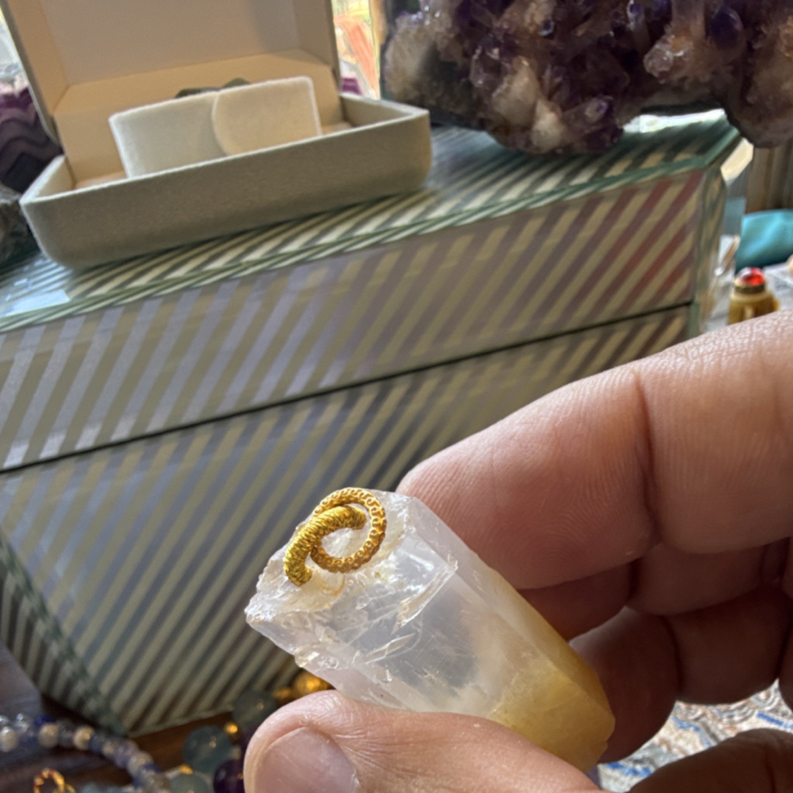 Yellow mango quartz & Clear Crystal Point Pendant Specimen w/ 18k Gold bail