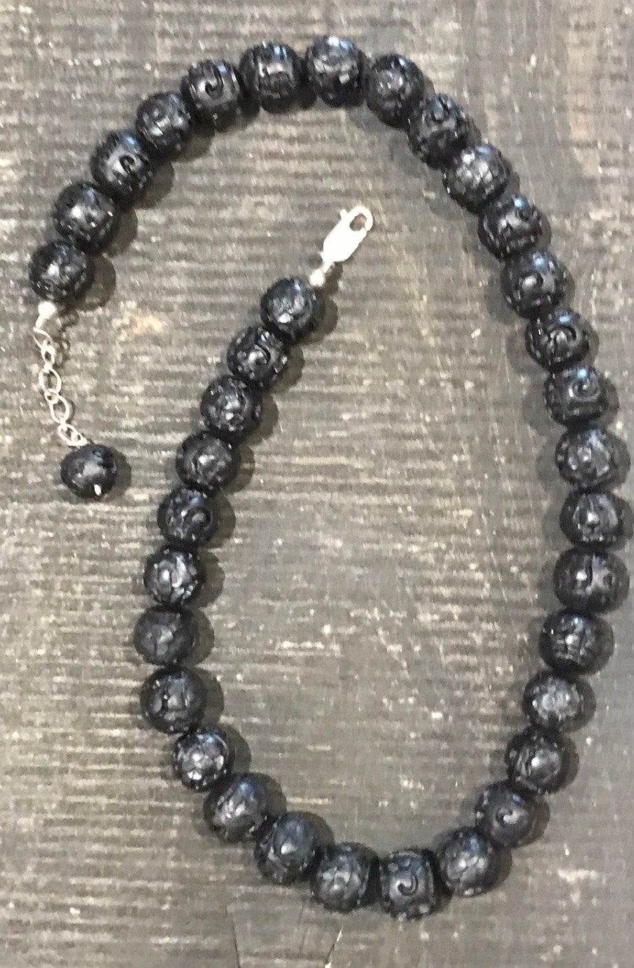 Sterling Silver 925 Black Plastic Beaded Textured Necklace 39.70 g 19” Unisex