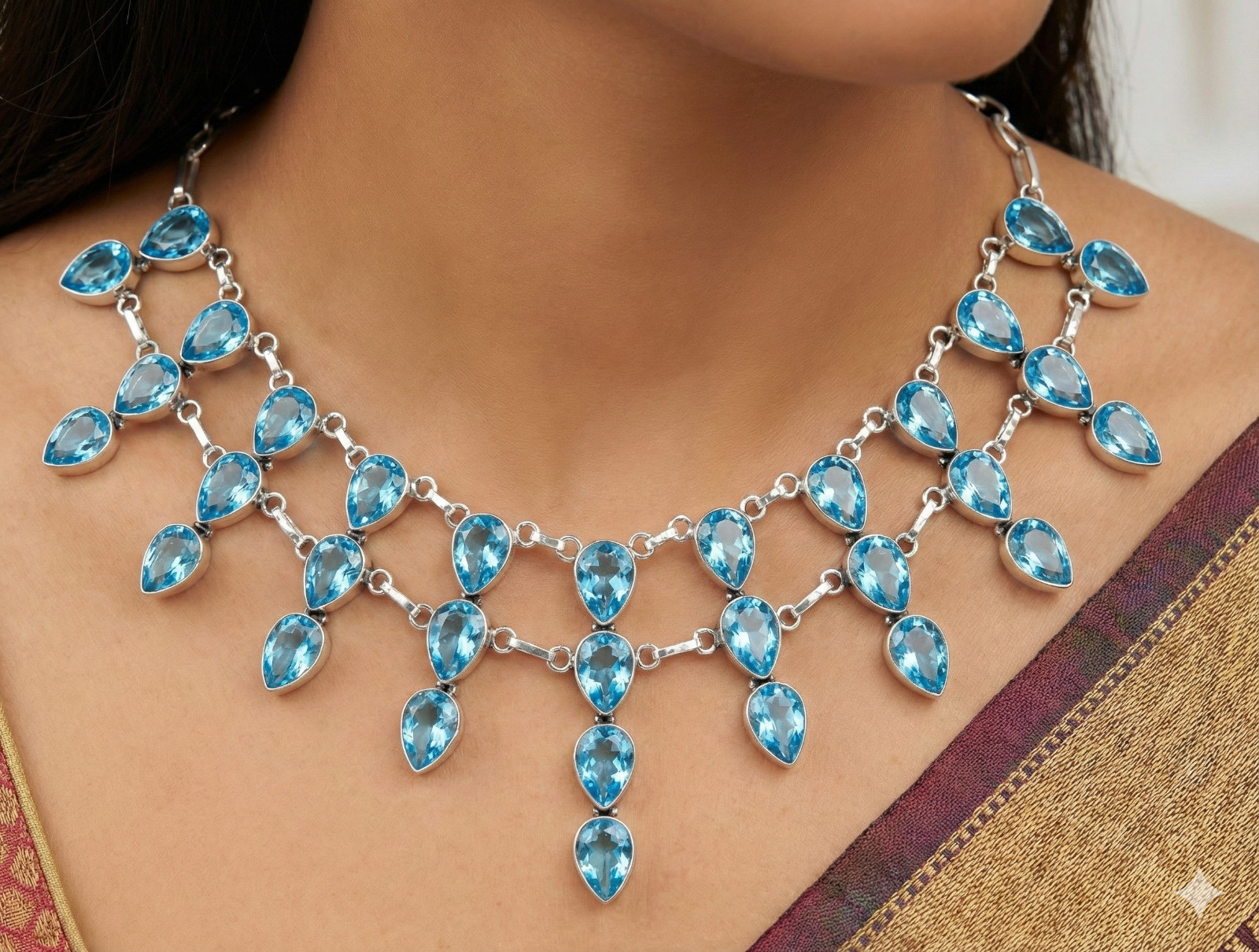 925 Sterling Silver Swiss Blue Topaz Gemstone Handmade Jewelry Necklace Size-18″
