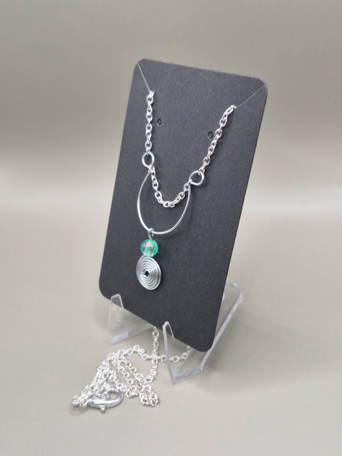 Handmade Silver Wire Spiral & Teal Bead Layered Pendant Necklace