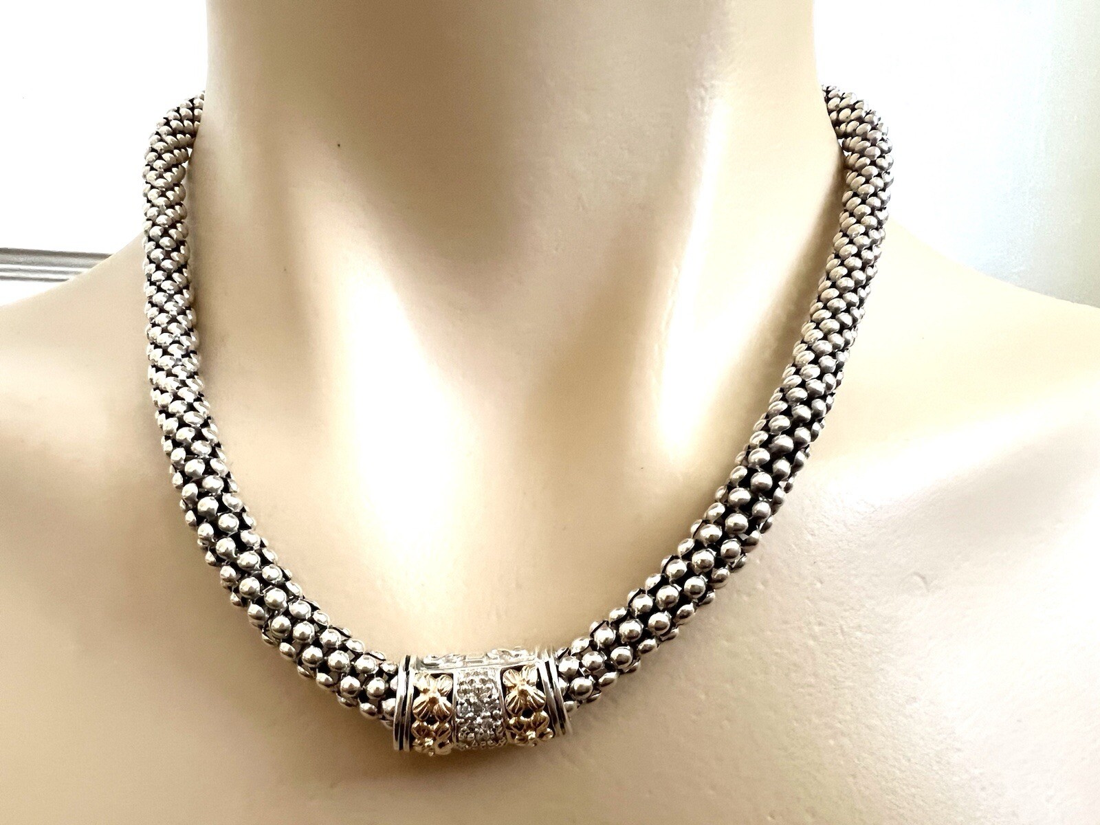 Gabrielle Bruni Sterling Silver 14K Gold Diamond Blossom Popcorn Chain Necklace