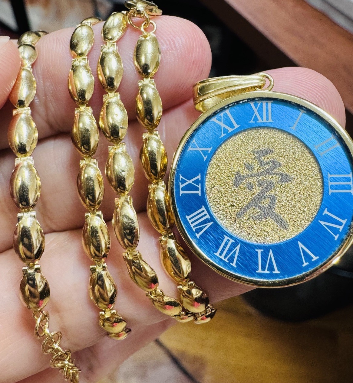 K18 Japan Gold Round Blue Love Pendant Necklace 17/17.5” Long 15g 4mm
