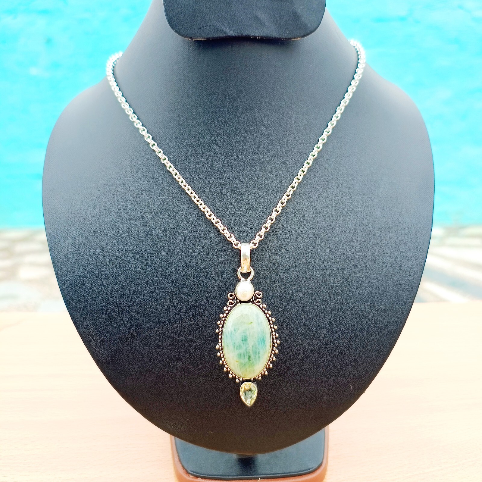 Amazonite With Pearl Gemstone Pendant 925 Sterling Silver Handmade Jewelry