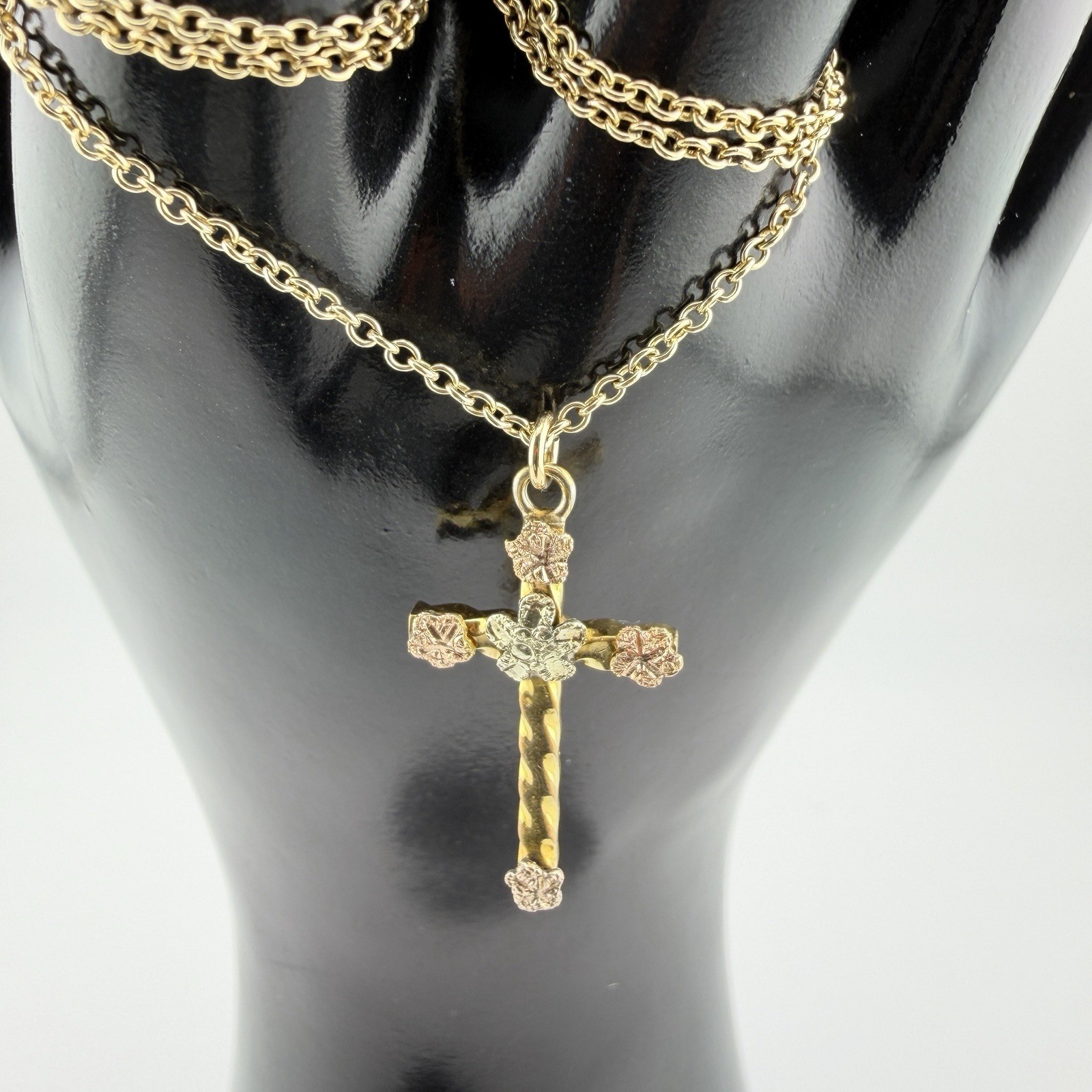 1/20 10K Gold Filled Black Hills Gold Style Cross Necklace Tri Color 19.5 In