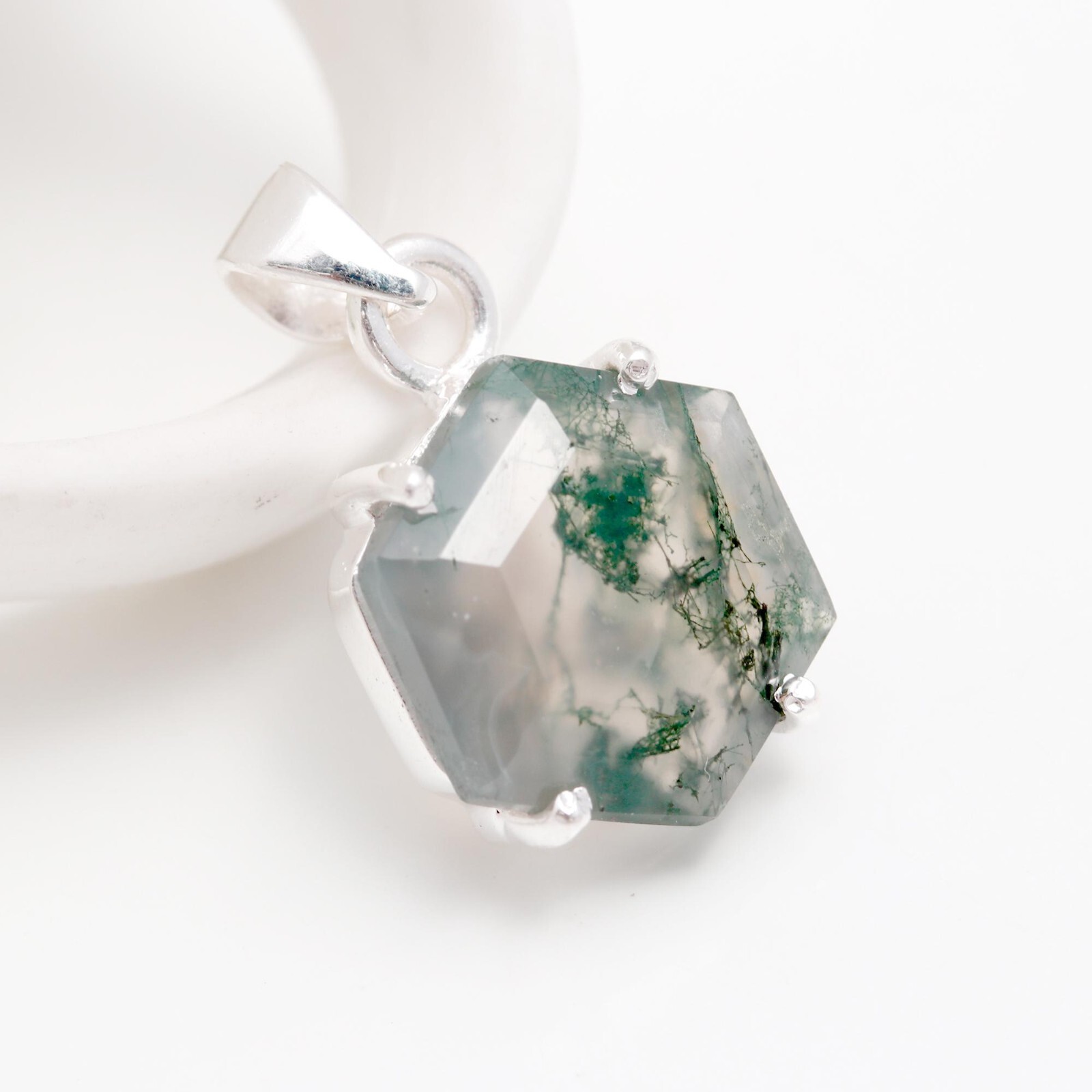 100% Natural Moss Agate Hexagon Shape Unique Pendant 925 Sterling Silver Jewelry