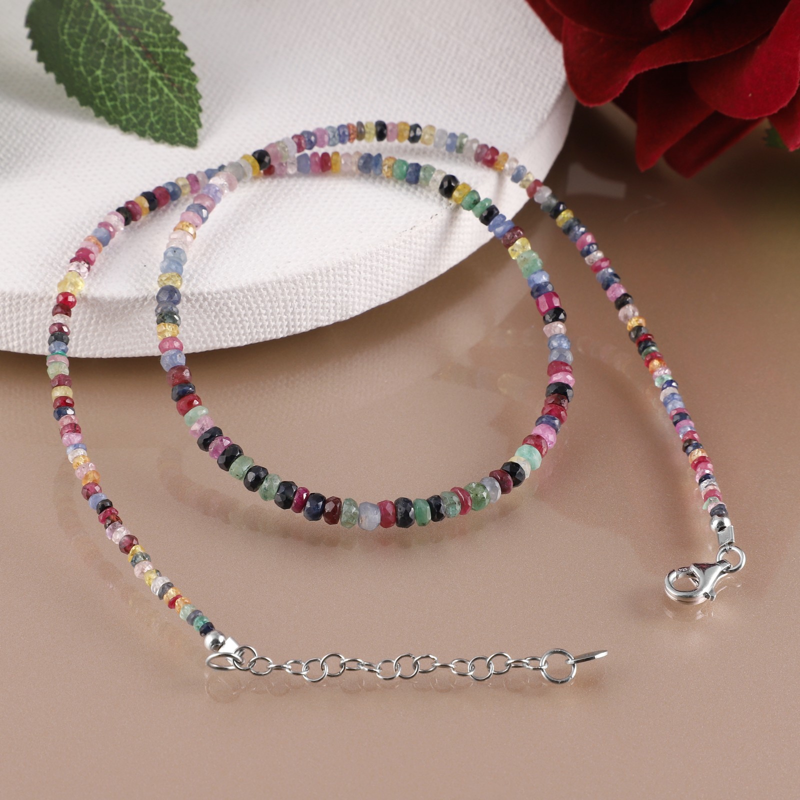 100%Natural Multi Sapphire Stone Beaded Handmade Necklace Faceted 925 Silver