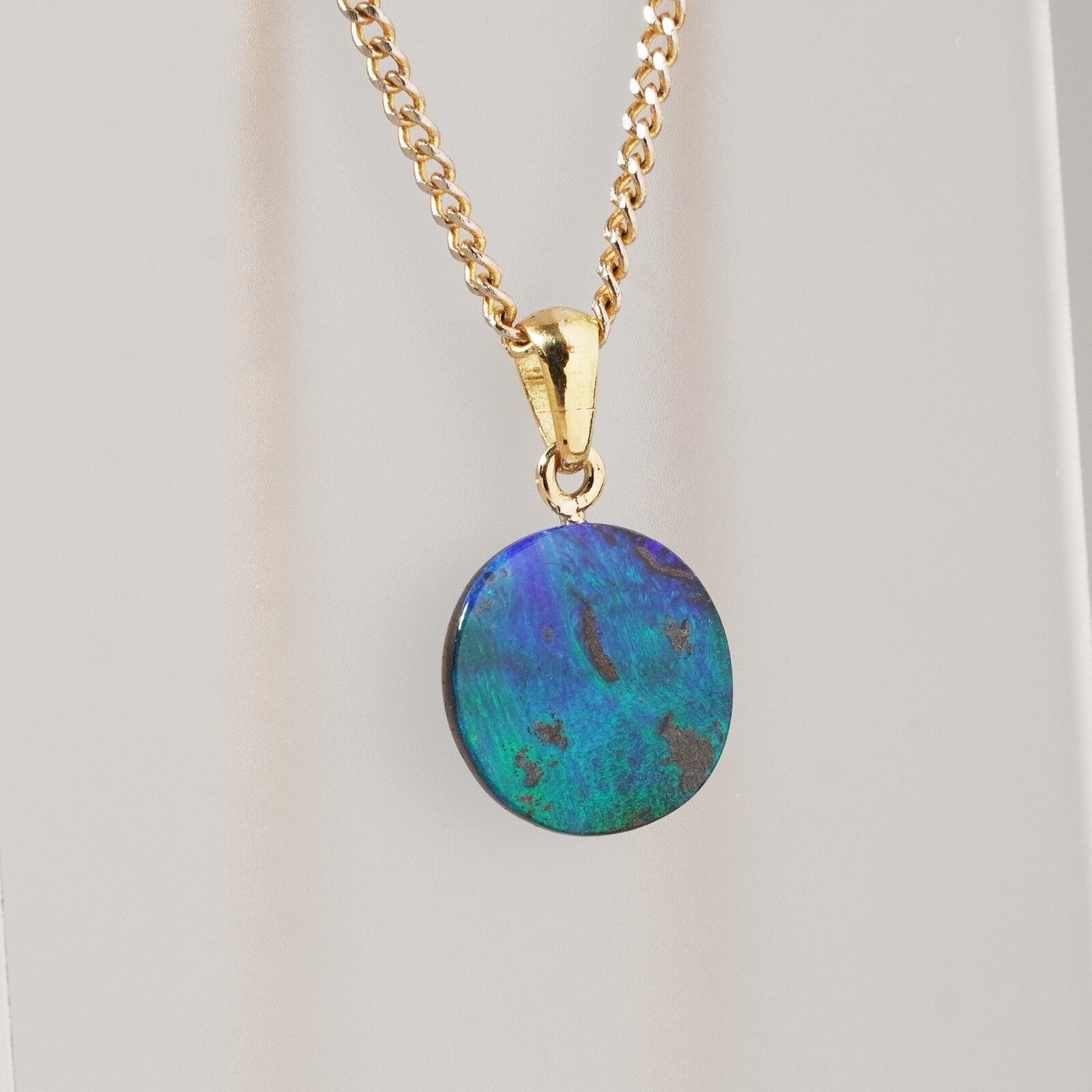 18ct Gold Natural Australian Boulder Opal Button Pendant Porthole Blue Green