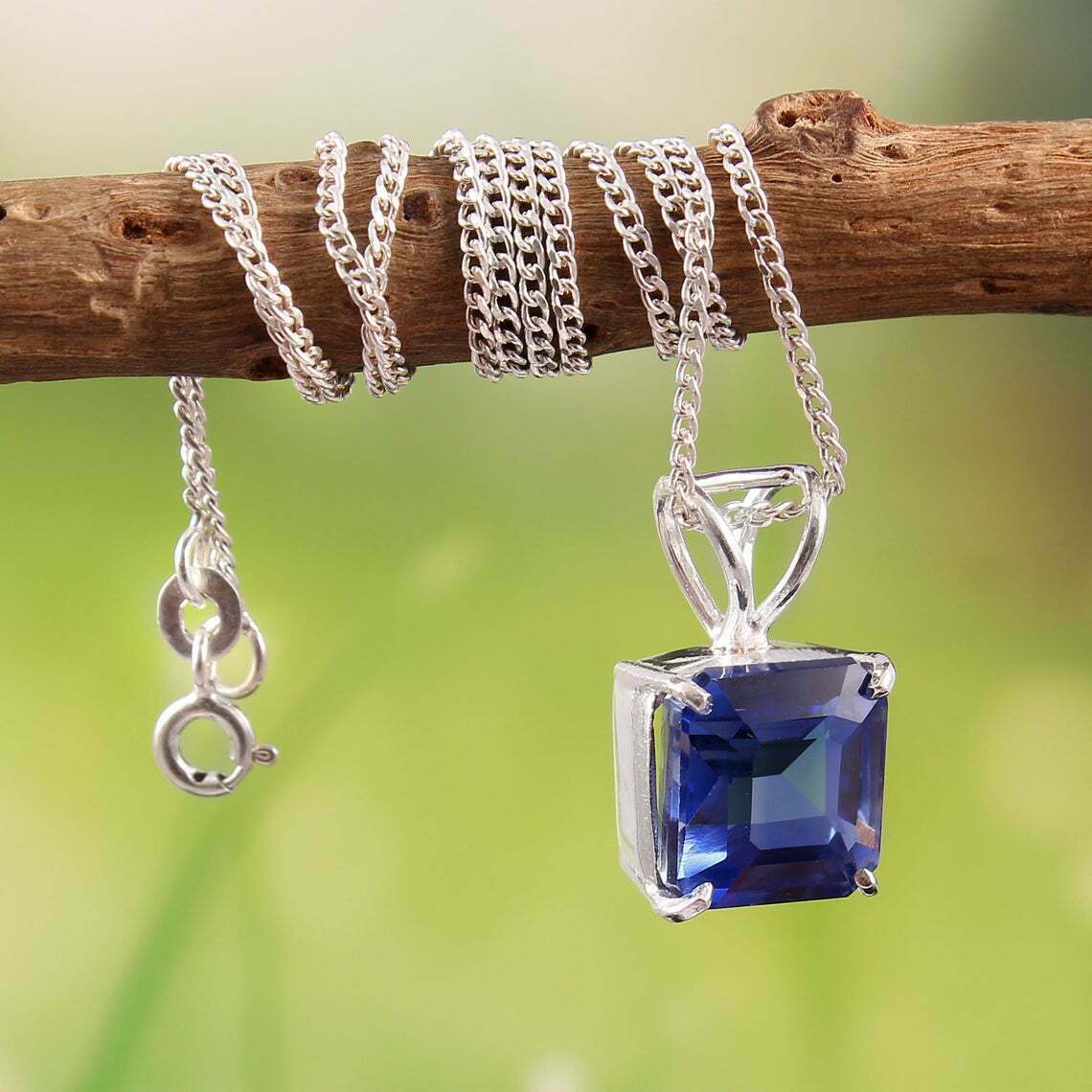 2Ct Asscher Cut Blue Sapphire Solitaire Pendant 14K White Gold Finish Free Chain