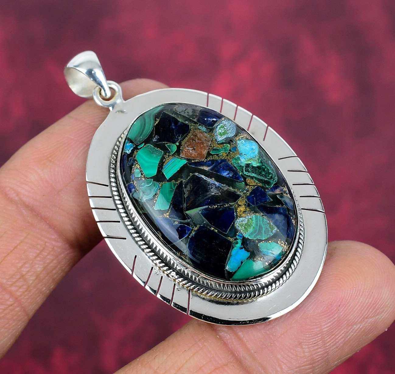 Copper Azurite Malachite Gemstone Handmade 925 Sterling Silver Pendant Jewelry