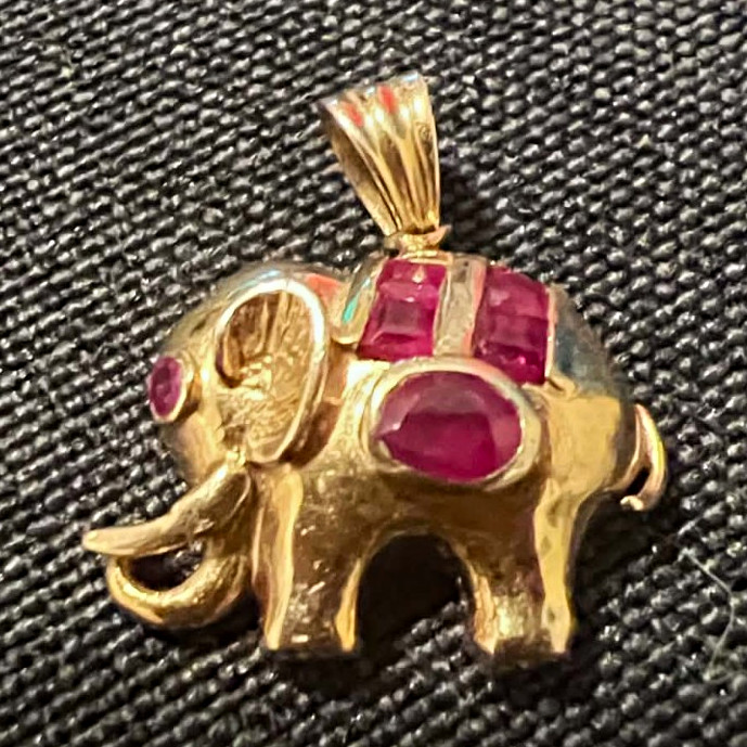 14K Yellow Gold Ruby Elephant Charm Pendant, Signed, Oval Red Stone