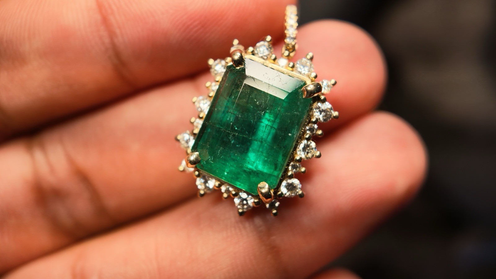 IGI Certified 10.17 Ct Natural Zambian Emerald 14K Gold Diamond Pendant
