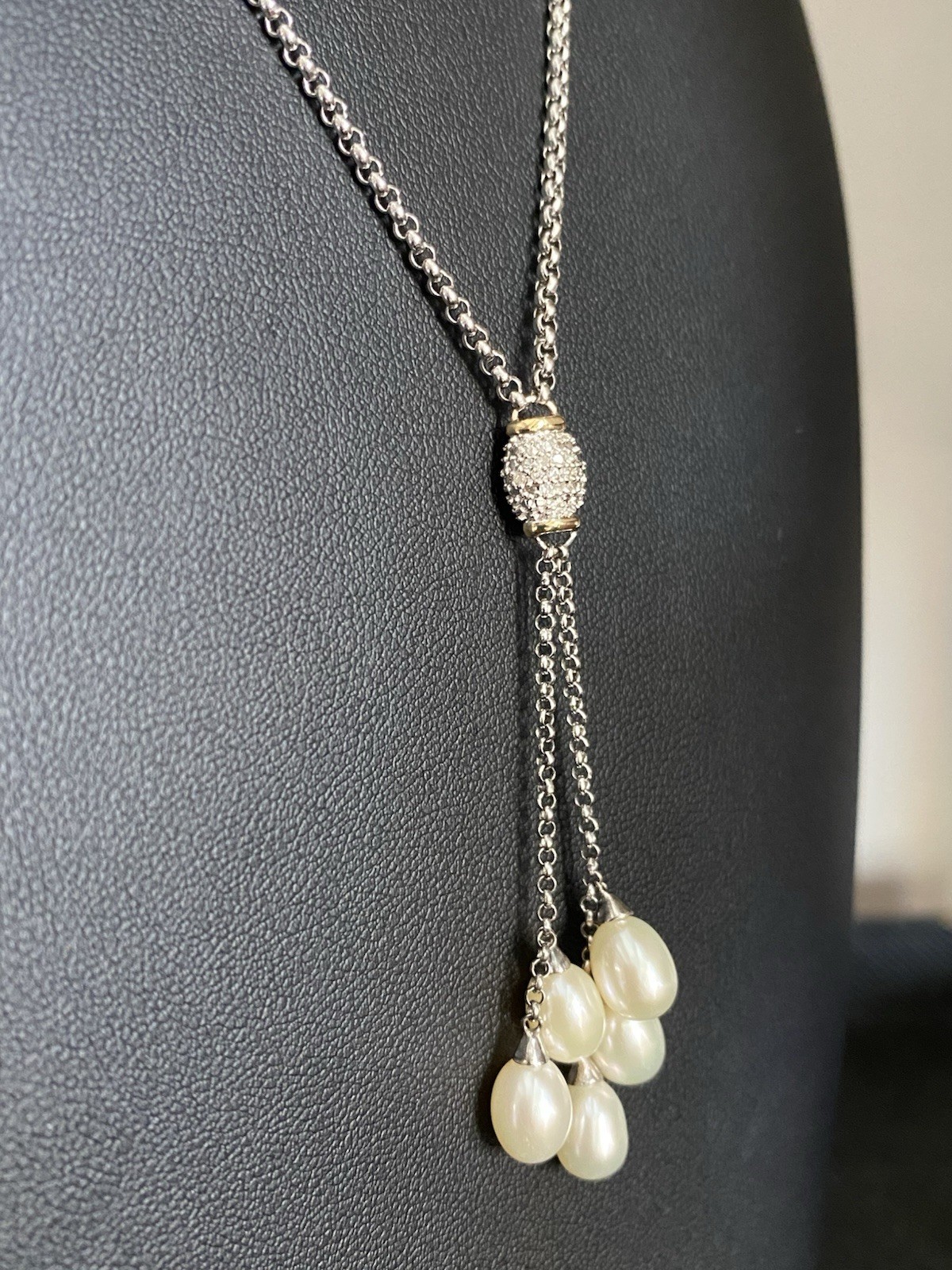 Vtg Sterling Silver + 14k + Cultured Pearls Pendant Lariat Rolo Chain Necklace