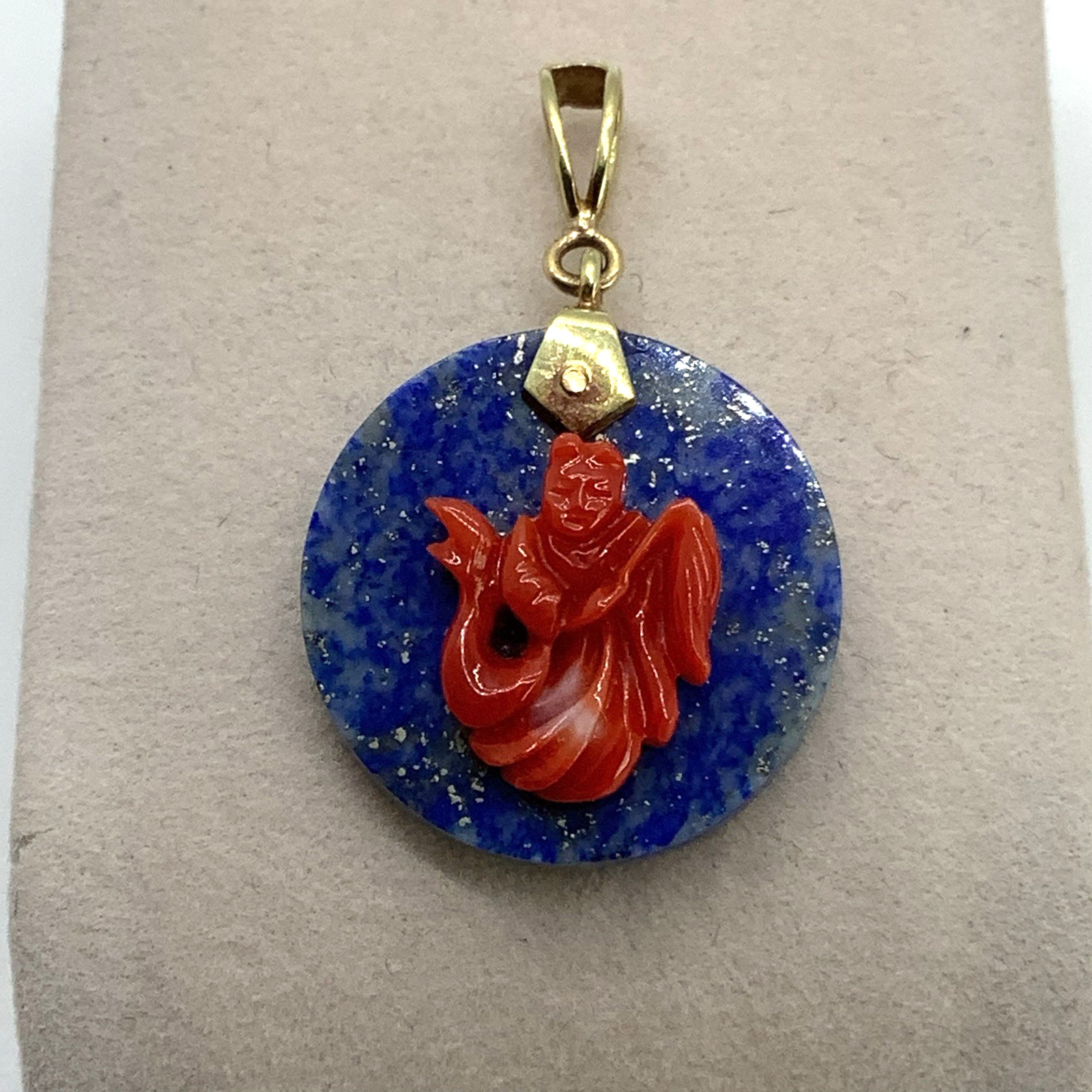 10k Gold Lapis Lazuli Pendant, Red Carved Coral Figure with Fishtail 2″