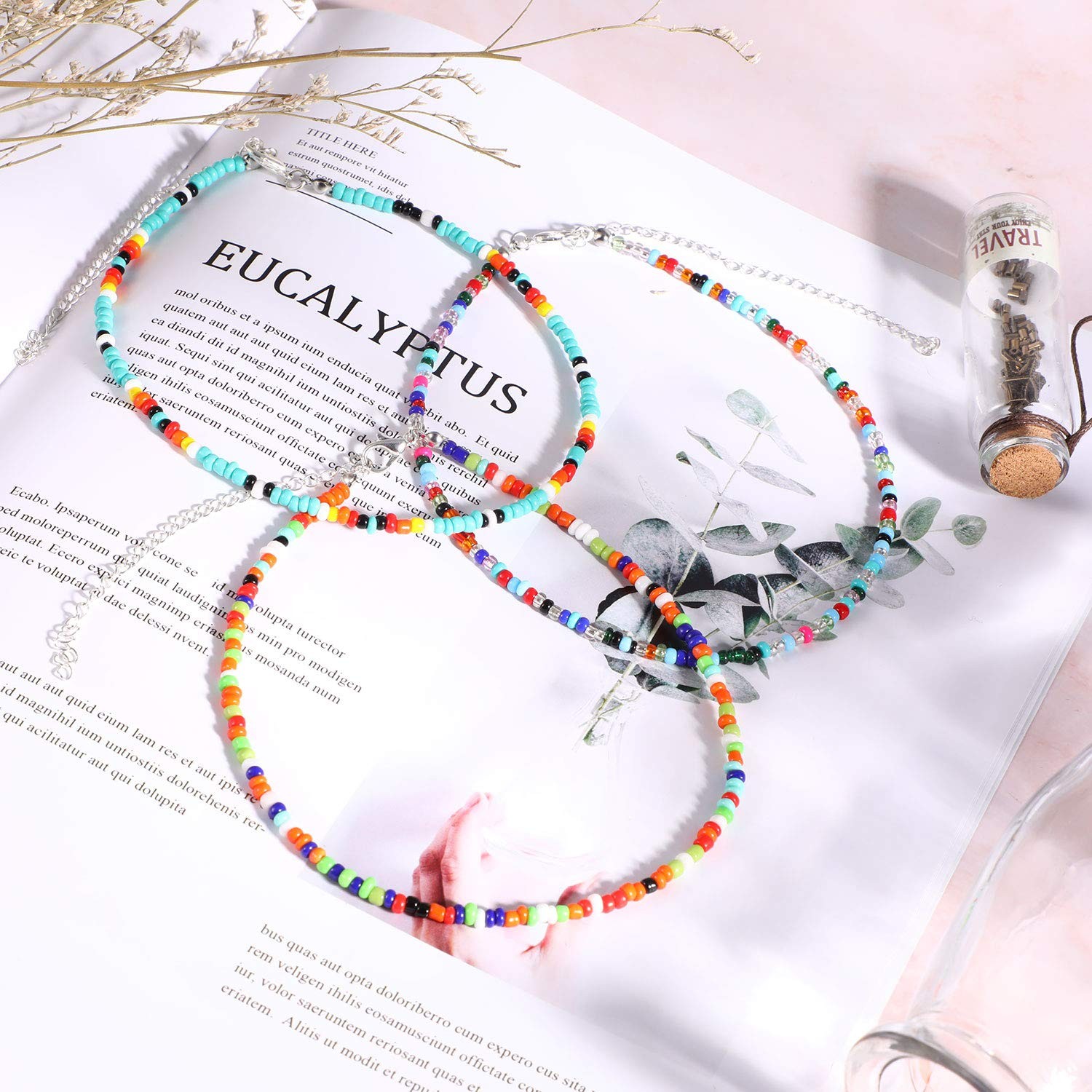 6 Pcs Bead Choker Necklace for Women Colorful Boho Glass Seed Bead Necklace Rain