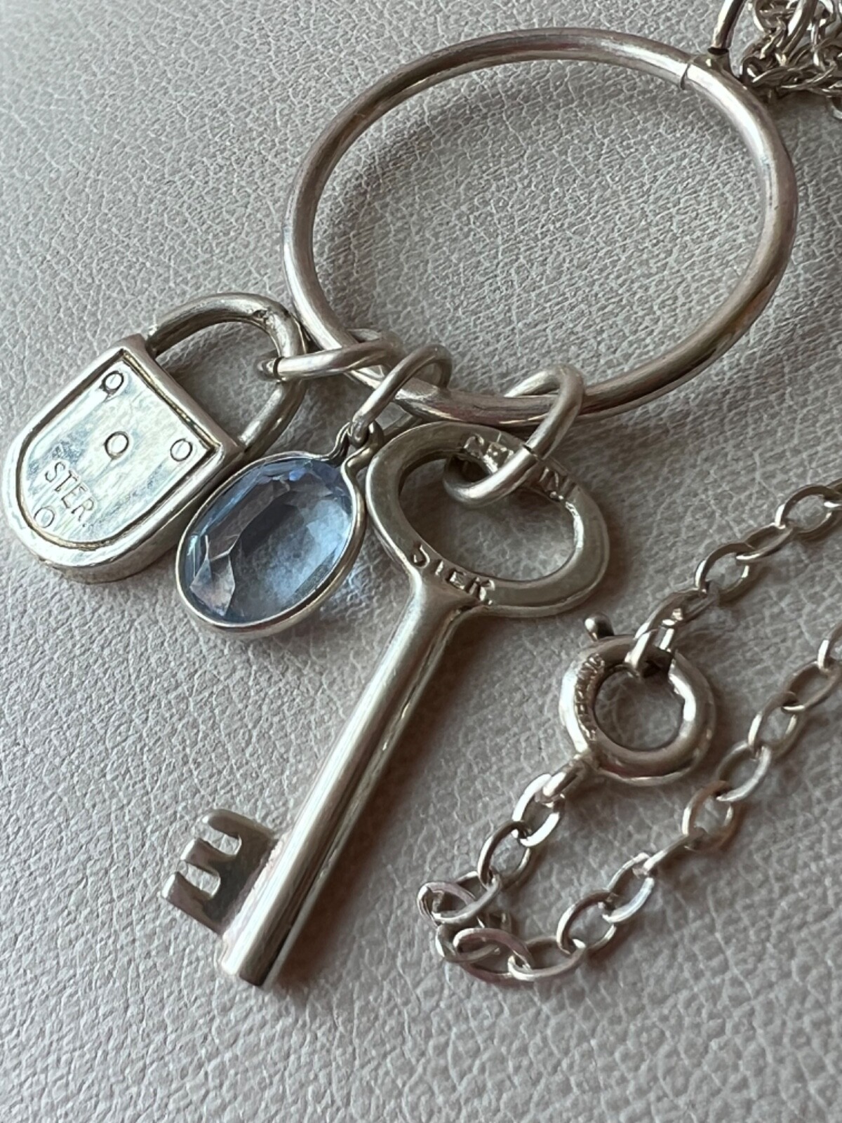 KEY, LOCK, BLUE CRYSTAL LARIAT PENDANT NECKLACE LONG CHAIN 925 STERLING SILVER