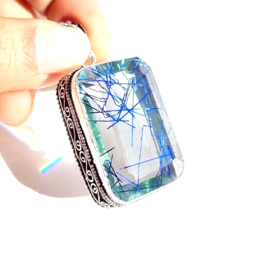 Blue Rutilated Quartz Gemstone 925 Sterling Silver Handmade Jewelry Pendant