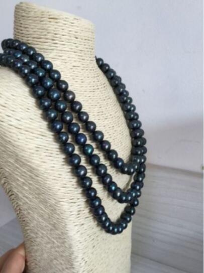 3 strands 17″18″19″7-9mm natural south sea genuine black green pearl necklace