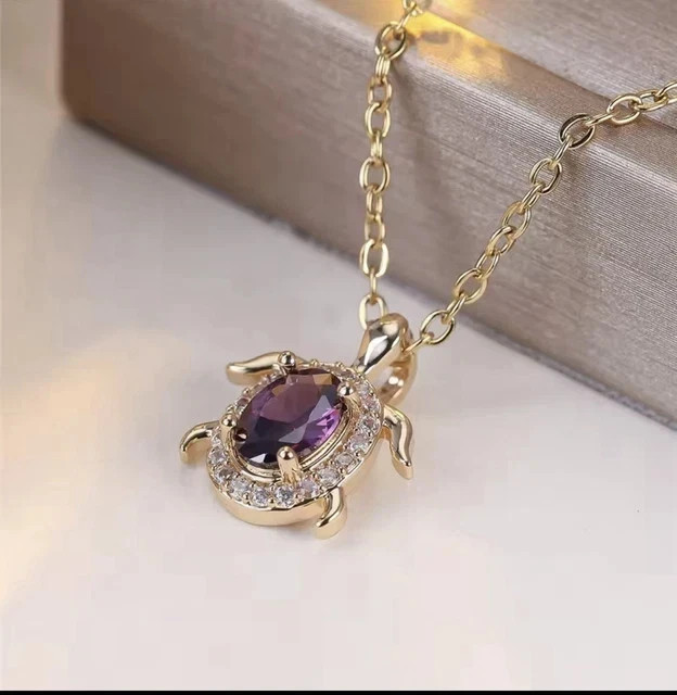 Lab Created Amethyst Halo Set Turtle Pendant 2.00Ct Oval 14k Yellow Gold Plated