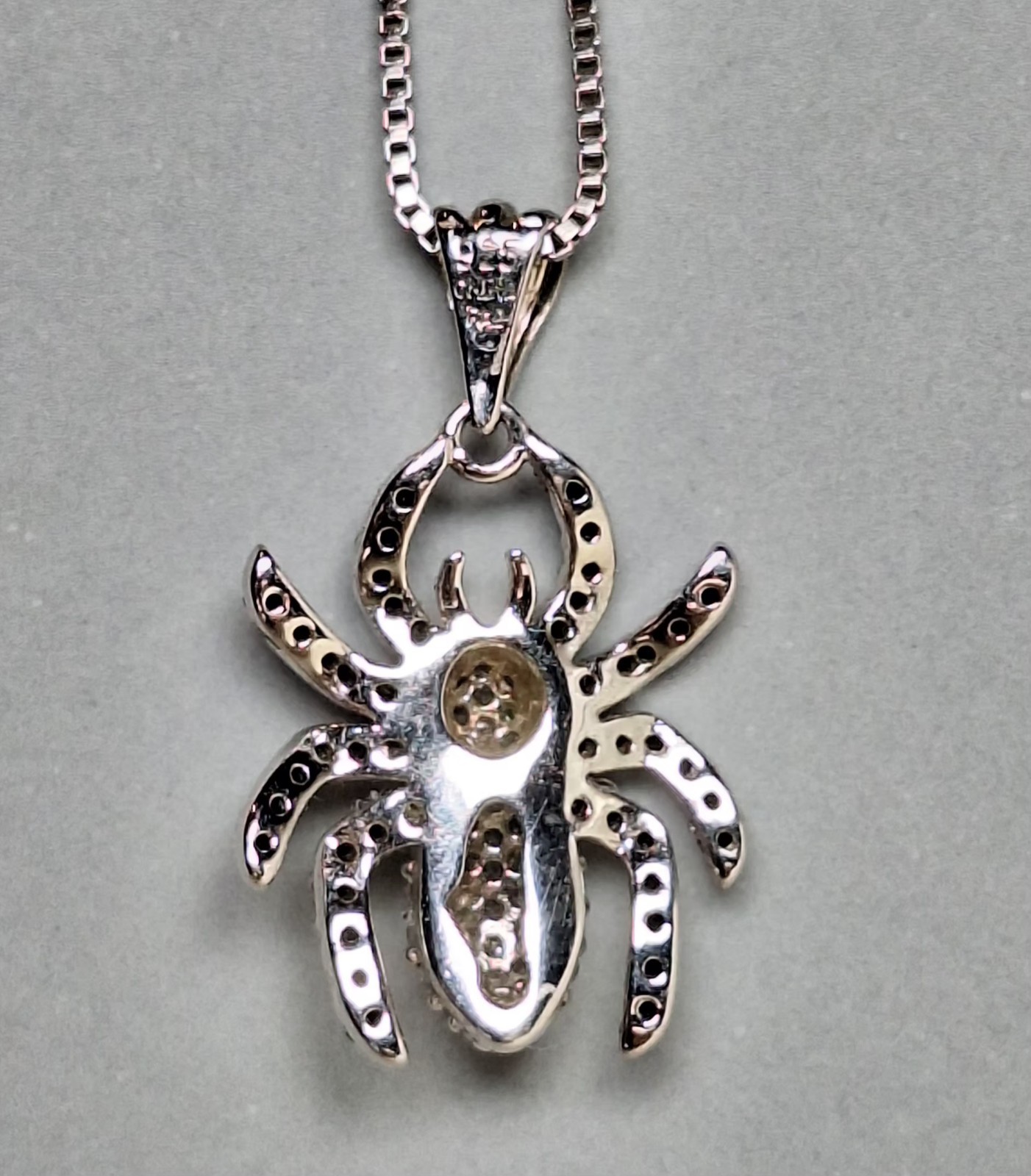 Sterling Silver White, Black Diamond Spider Charm With 18″ Sterling Silver Chain