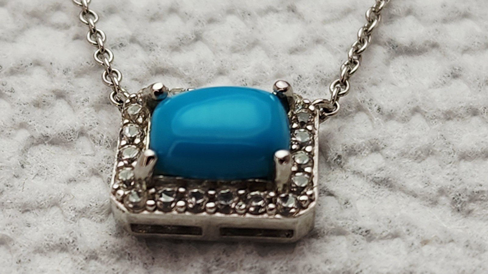 Wonderful Sterling Silver Turquoise Clear Stone Rectangle MLD 18” Necklace