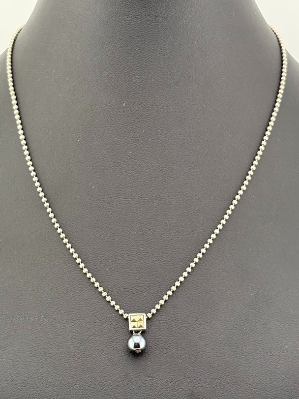 VINTAGE CAROLEE 925 STERLING SILVER BLACK PEARL MARCASITE NECKLACE 15″ JUNE 2766