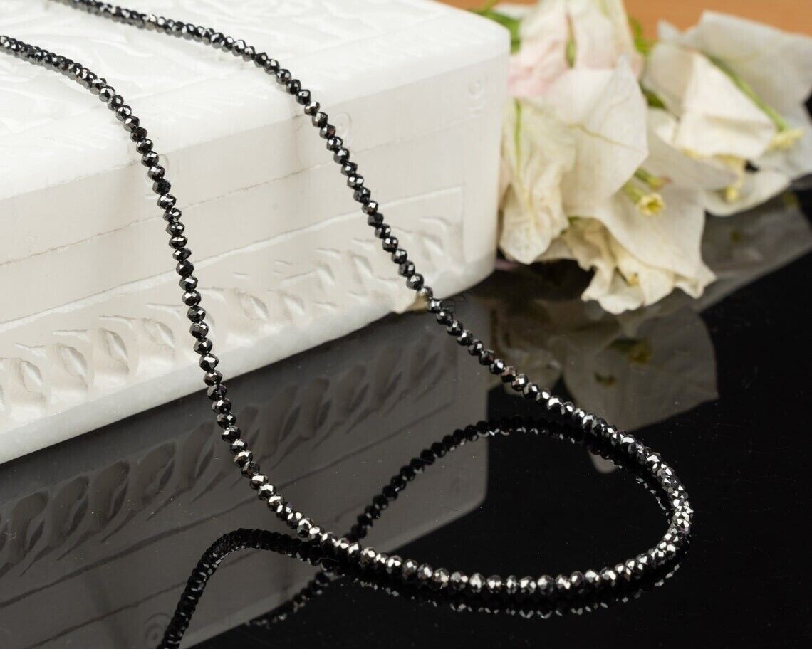 AAA Quality 3mm Certified Black Diamond Beads Necklace 20 inches For Gift