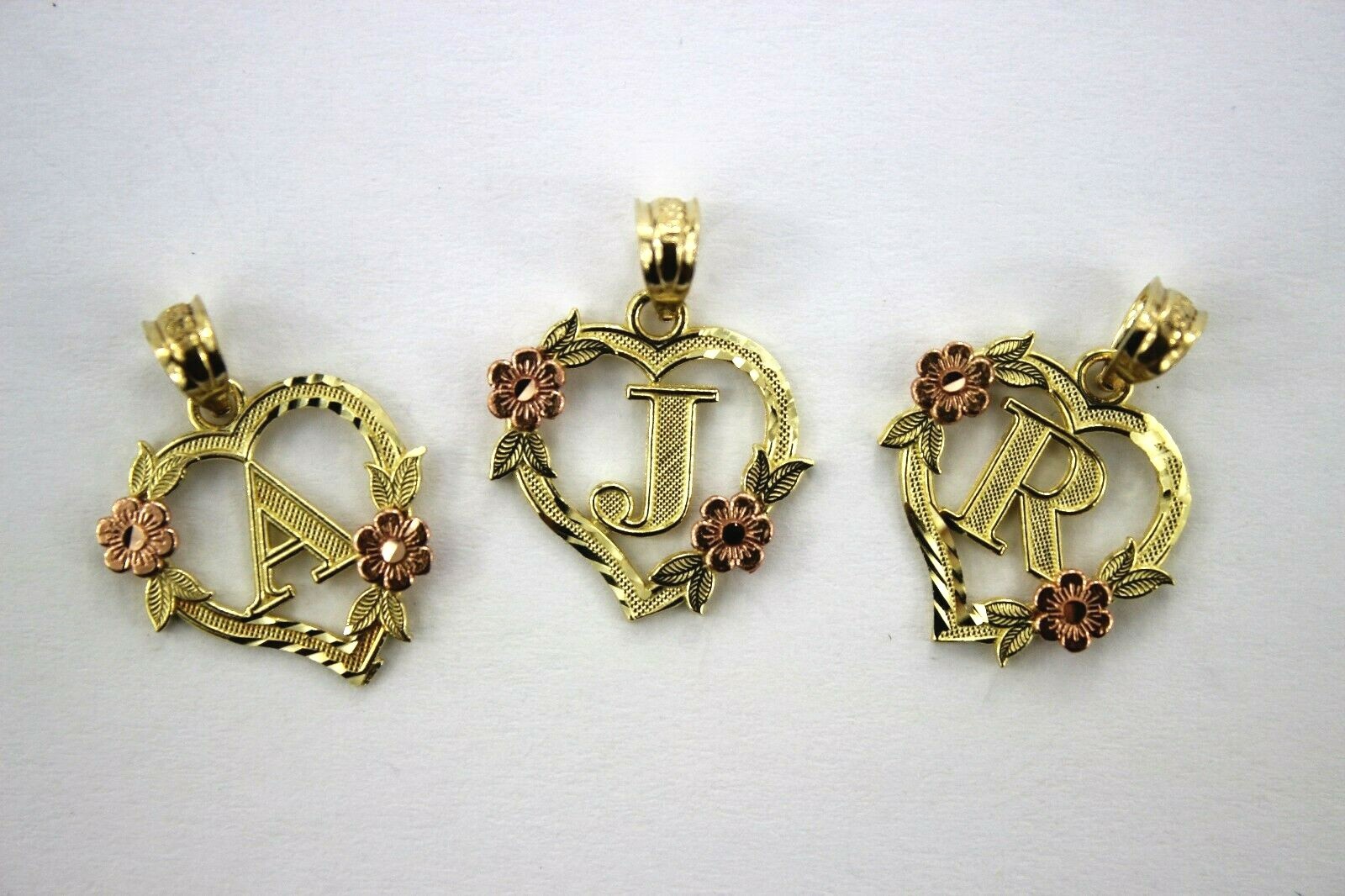 10K Gold Heart Initial Pendant Letter Charm Flower Necklace Alphabet Diamond Cut