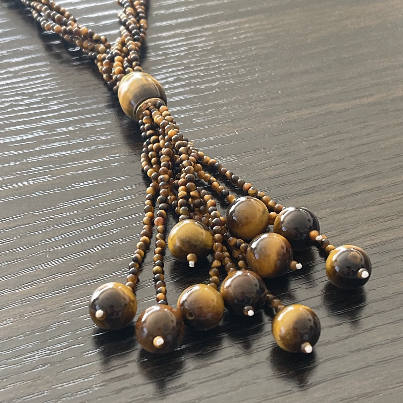 Tiger Eye Bead Necklace 19in 18K Gold Clasp 5 Strand