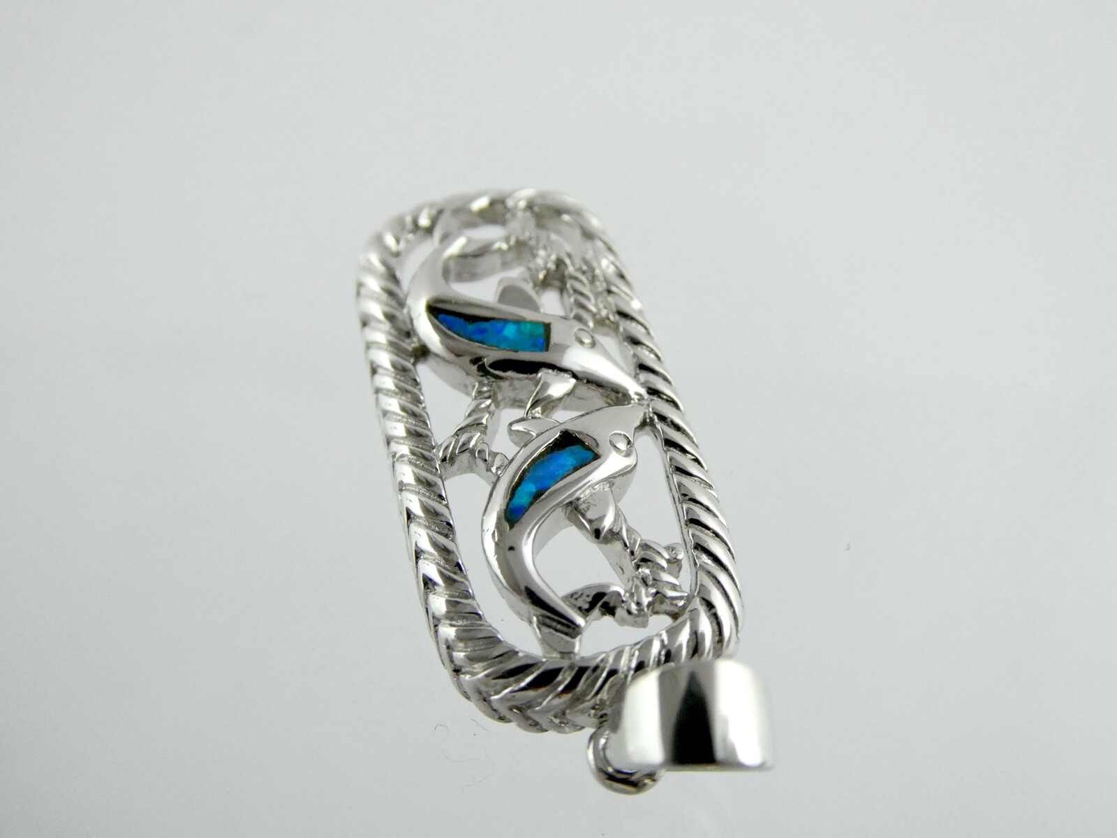 Sterling Silver Simulated Blue Opal Inlay Two Dolphin Pendant 925 5.3g 1 3/8 In
