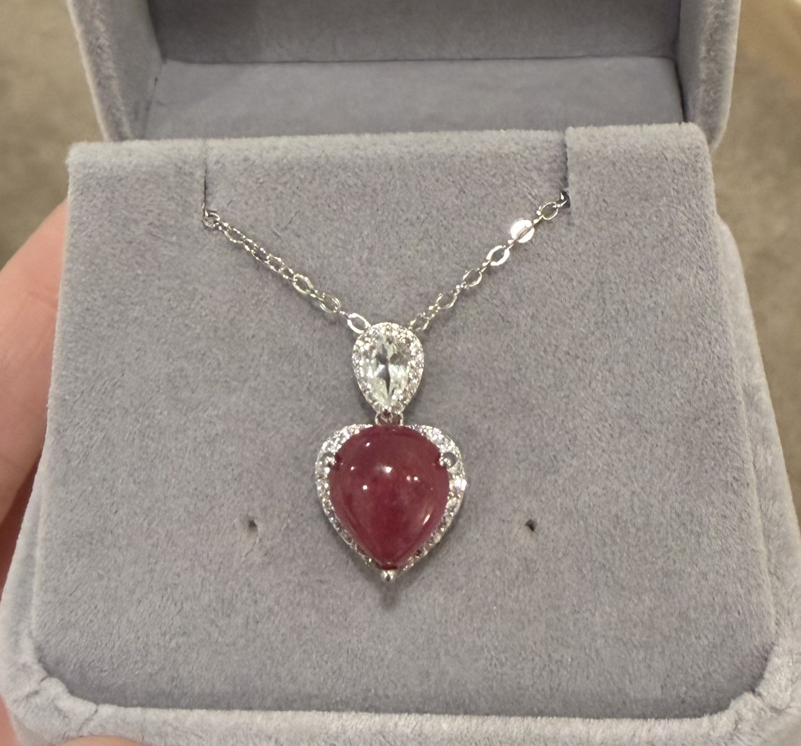 Stunning Natural Red Ruby 9x11mm & White Topaz 925 Sterling Pendant Necklace 18”