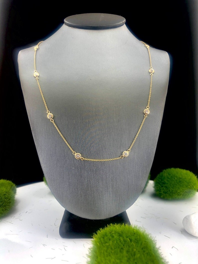 Best Seller ! Station Necklace Round Cut Natural Diamond 14k Solid Yellow Gold