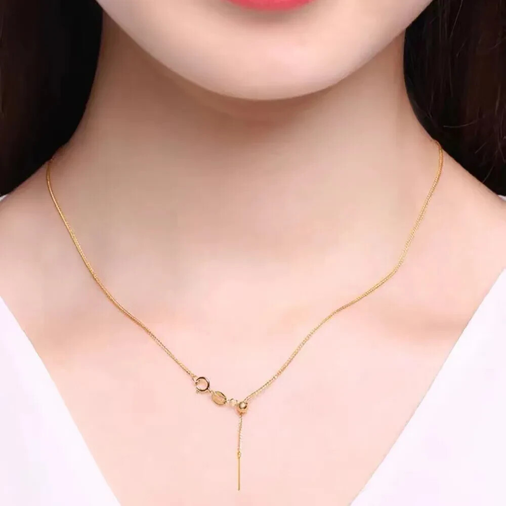 18K Solid Gold Chopin Chain Necklace Needle Beautiful Charm Jewelry Adjustable