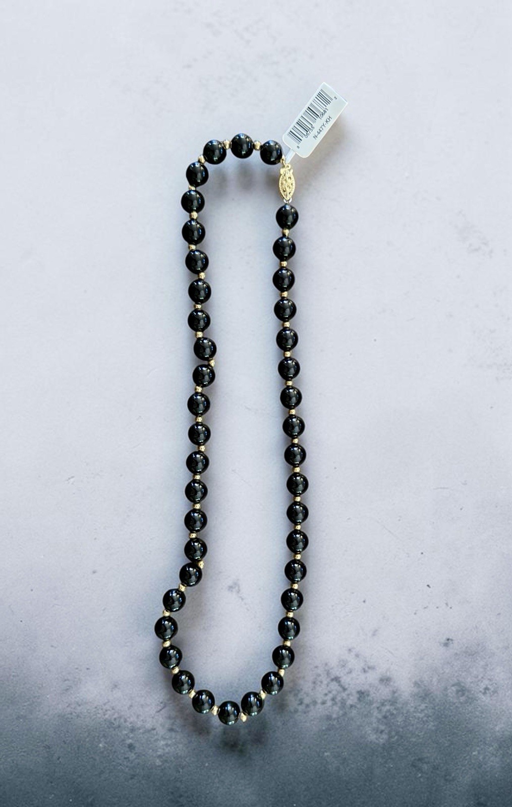 Black Onyx Beaded Necklace 14KT 8mm Beads In Between
