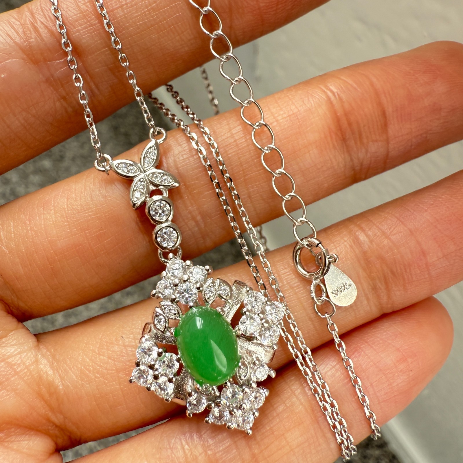925 Sterling Silver Necklace 8x6mm Natural Emerald Gemstone Zircon Flower Chain