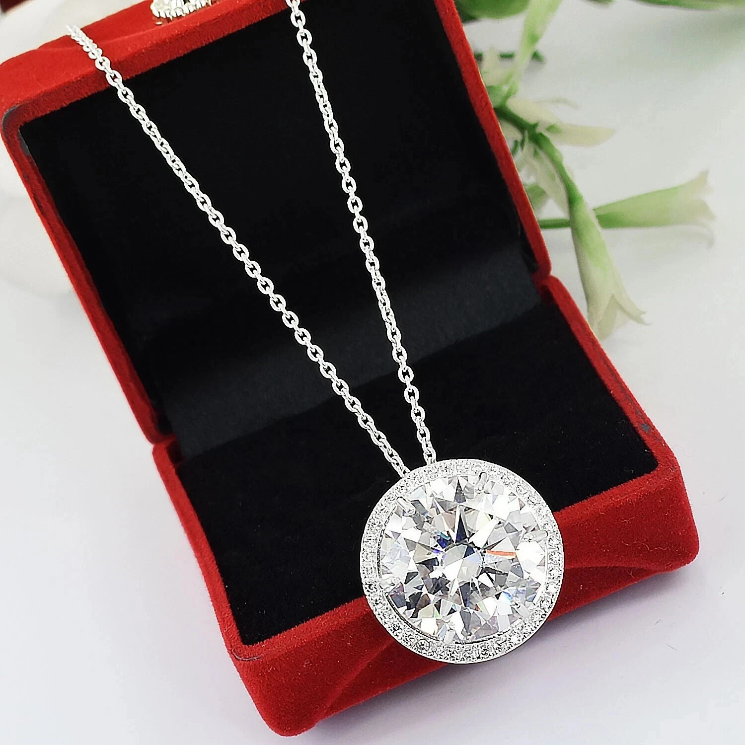 3Ct Round Cut Moissanite Solitaire Halo Pendant Necklace 14K White Gold Finish