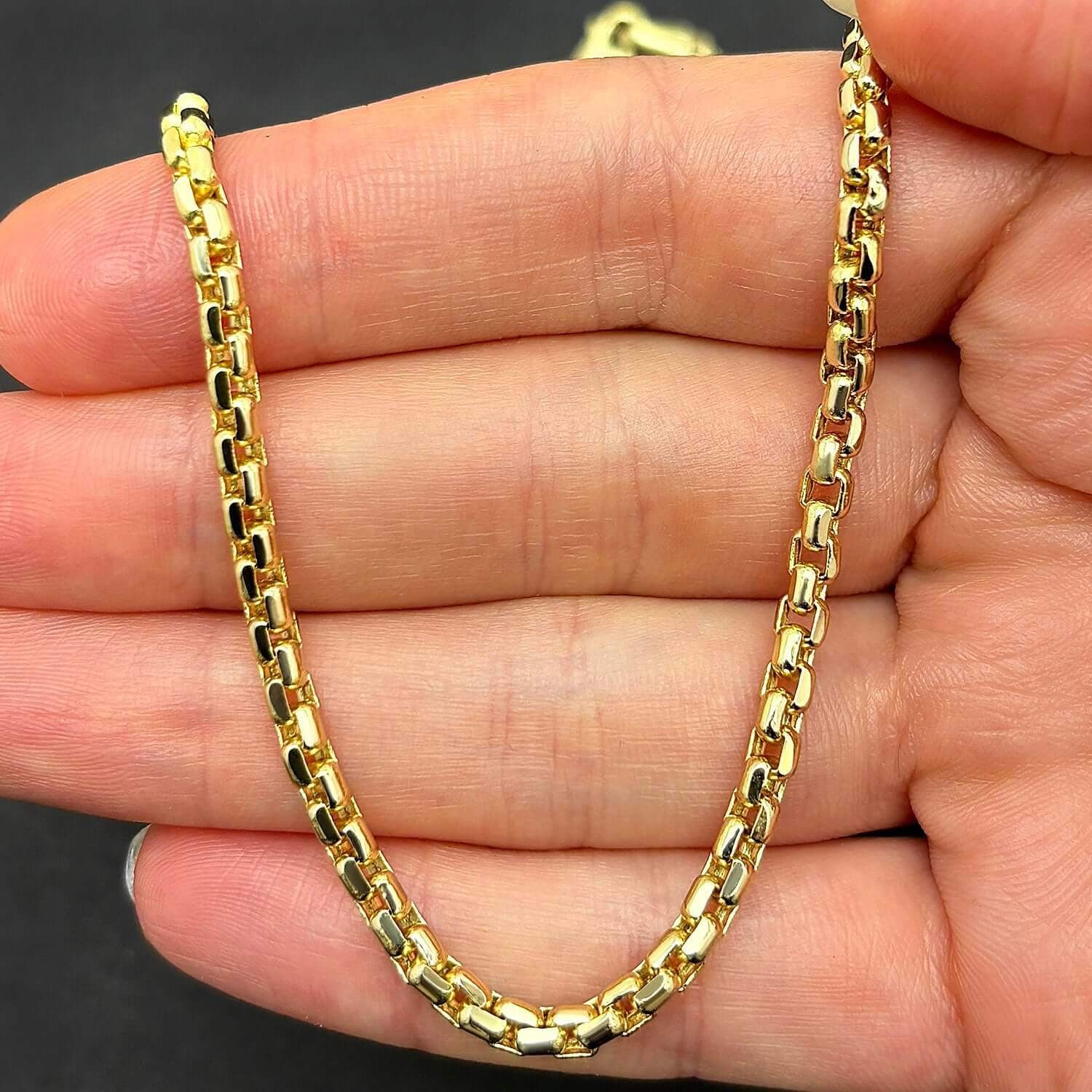 14K Real Gold 3mm Solid Round Box Chain Necklace 18″-30″