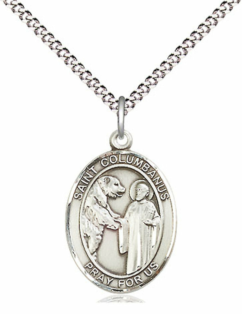 St. Columbanus Medal in 3/4″ Fine Pewter, 18″ Rhodium Plate Clasp Chain