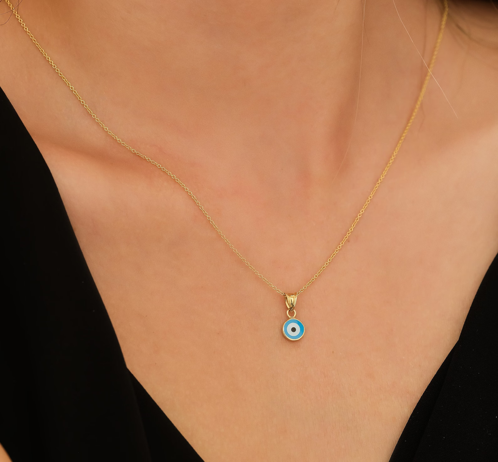 14K SOLID YELLOW GOLD SMALL ROUND EVIL EYE NECKLACE OR PENDANT