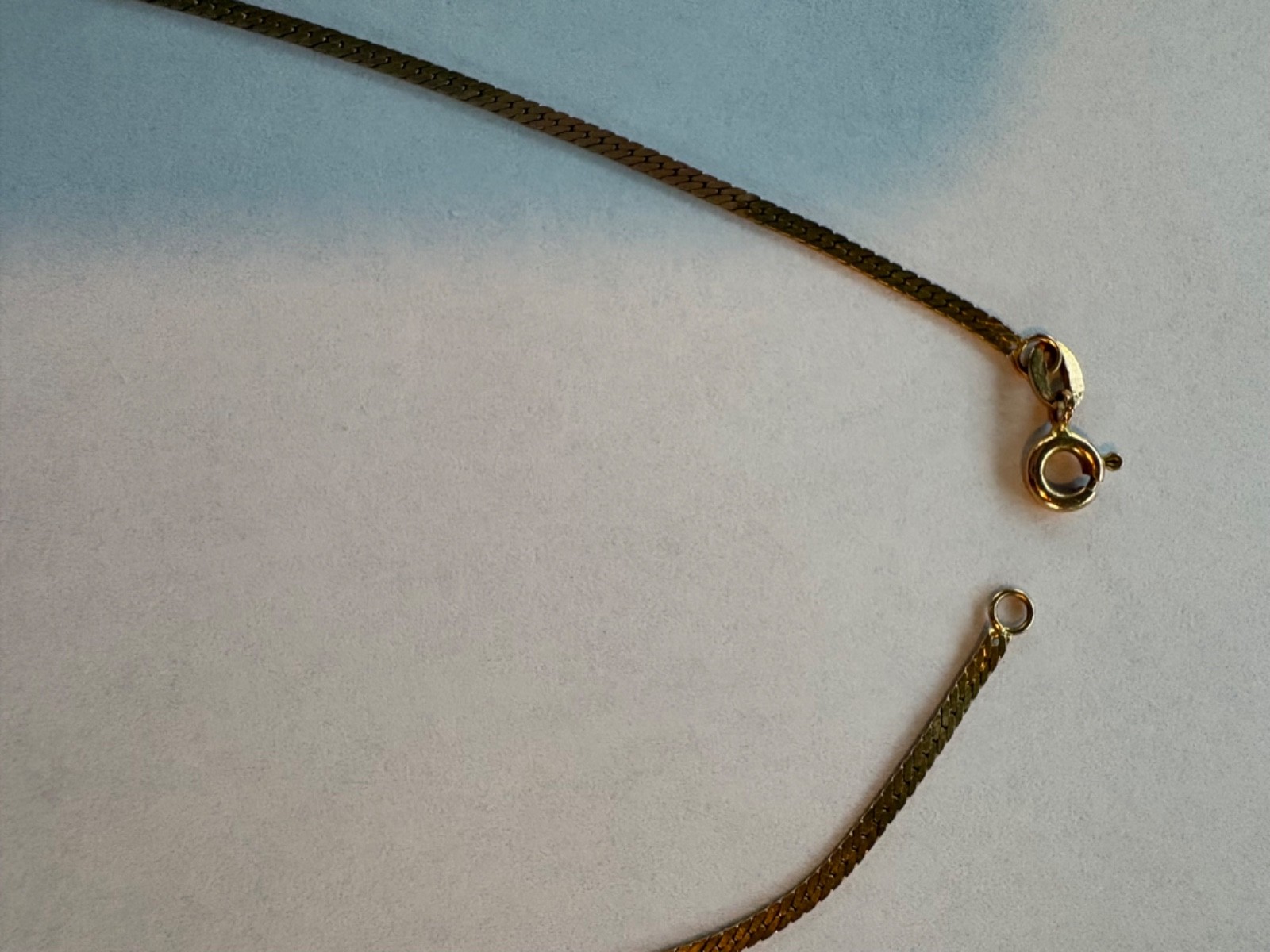 14K GOLD CHAIN NECKLACE, FLAT HERRINGBONE, 16″, PENDANT with SMALL DIAMONDS